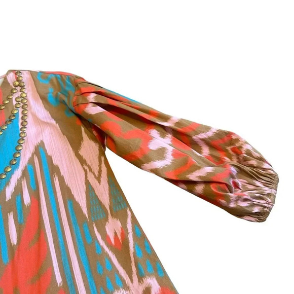 Sheridan French Madison Dress Caramel Ikat Print Bold Boho Flowy Size XS Women's - Picture 3 of 15